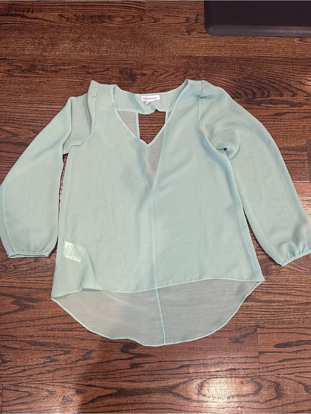 BCBGeneration Sheer Aqua V-Neck High-Low Blouse